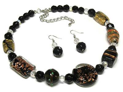 Glass black color tone multi bead and acrylic bead necklace and earring set