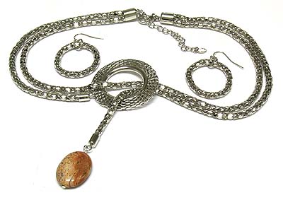 Metal double strand mash chain donut pass necklace with semi precious stone and earring set