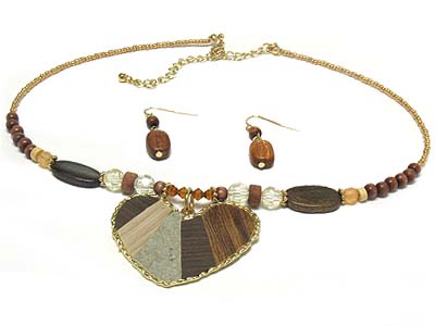 Multi wood mosaic heart pendant seed bead necklace and earring set