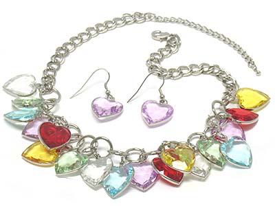 Multi color glass heart necklace and earring set