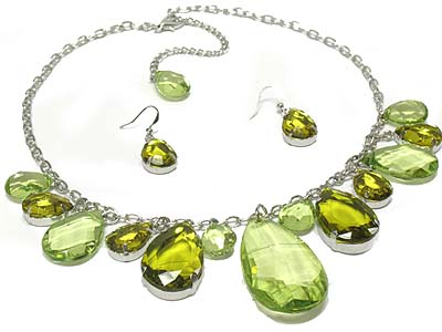 Multi facet cut tear patterns glass pendant and charms necklace and earring set