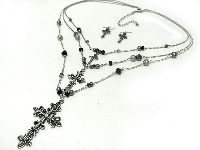 Metal cross dangle triple layer necklace earring set