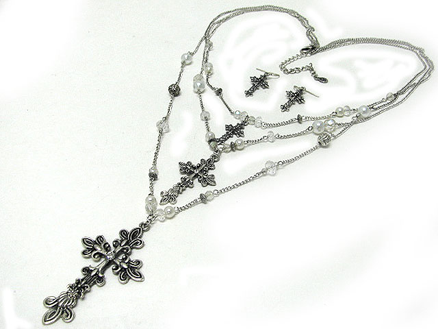 Metal cross dangle triple layer necklace earring set