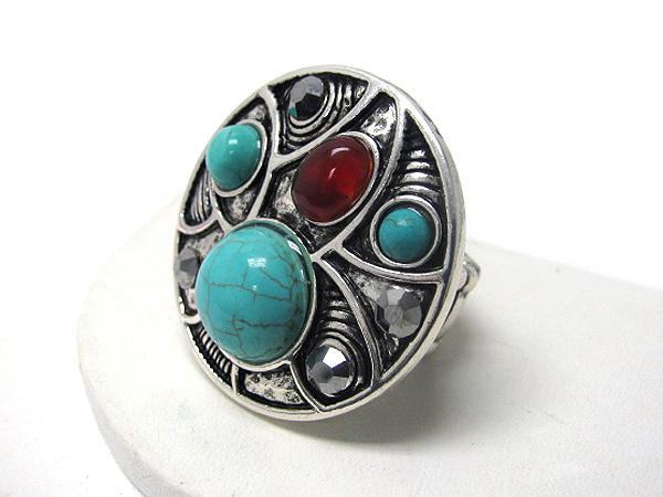 Multi turquoise and crystal deco metal art round stretch ring