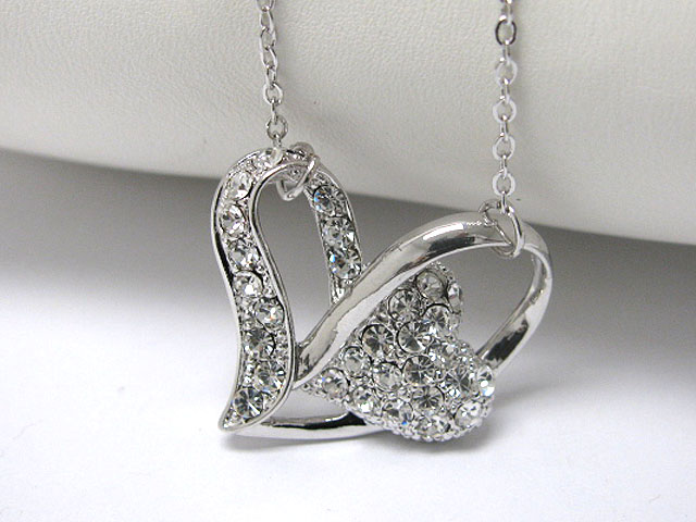 Made in korea whitegold plating crystal stud dual heart chain tied necklace