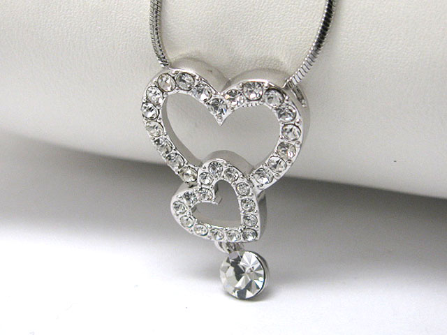 Made in korea whitegold plating crystal stud dual heart chain thread necklace -valentine