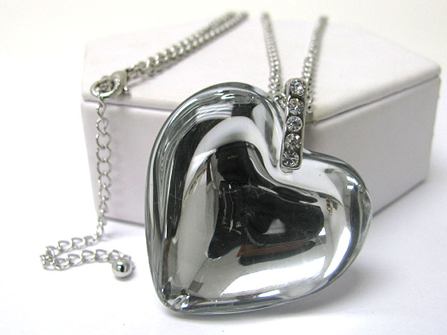 Crystal stud acryl and metal heart pendant long necklace