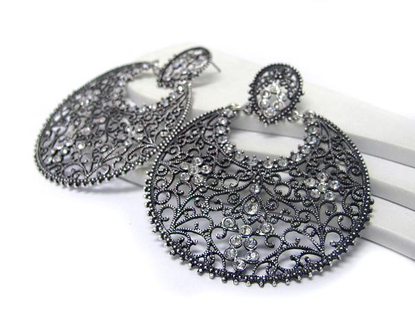 Crystal deco metal filigree large round earring