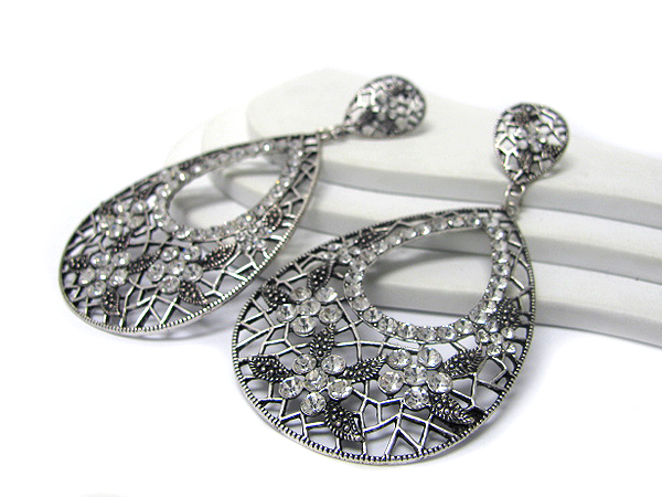 Crystal deco metal filigree large tear drop earring