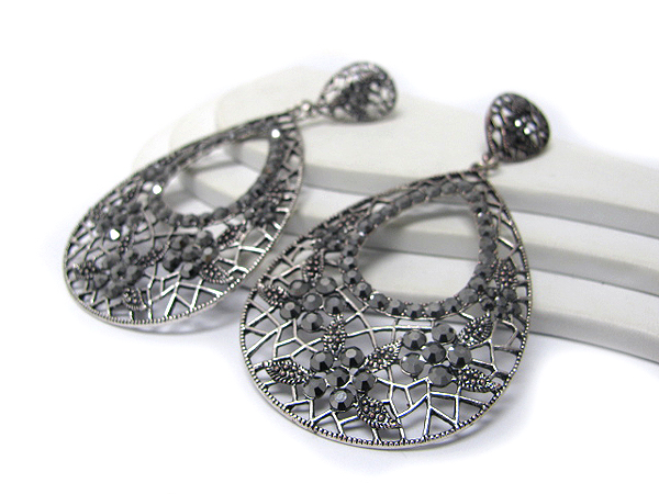 Crystal deco metal filigree large tear drop earring