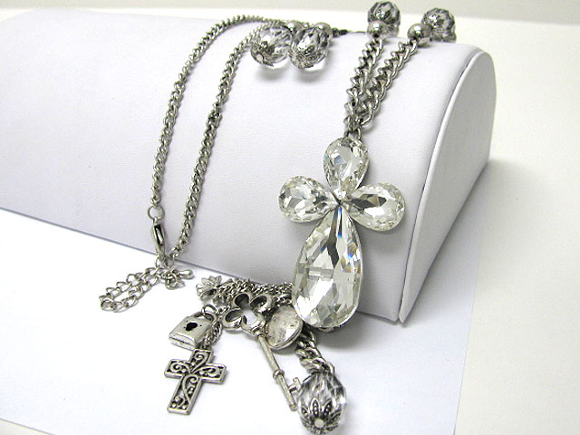 Crystal cross  and multi mixed metal charm dangle long chain necklace earring set