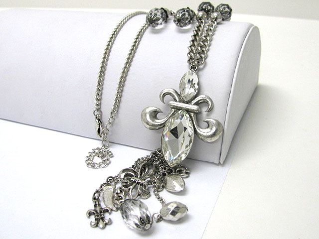 Crystal fleur de lis and multi mixed metal charm dangle long chain necklace earring set