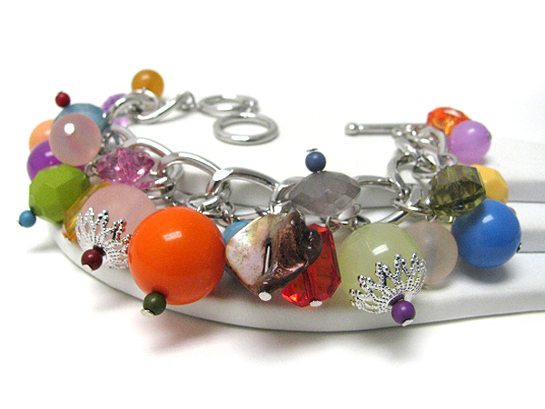 Multi color and material mixed charm toggle bracelet