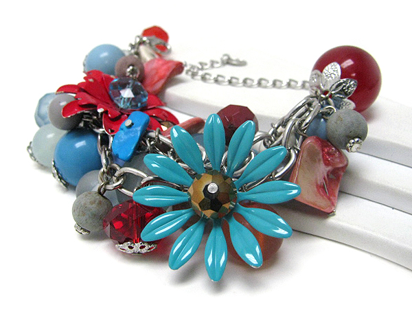 Multi color and material mixed charm and metal flower bracelet