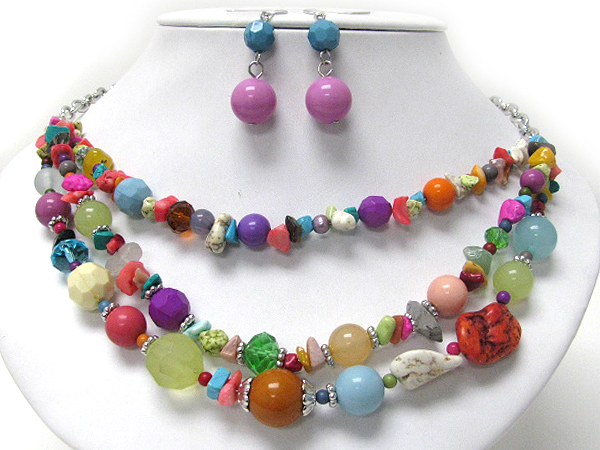 Multi color and material mixed bead triple chain necklace earring set