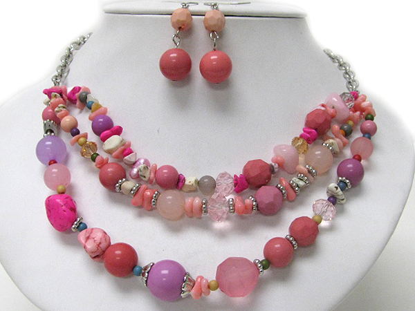 Multi color and material mixed bead triple chain necklace earring set