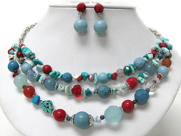 Multi color and material mixed bead triple chain necklace earring set