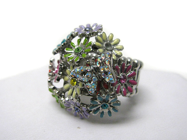 Crystal stud butterfly and multi epoxy flower garden theme stretch ring