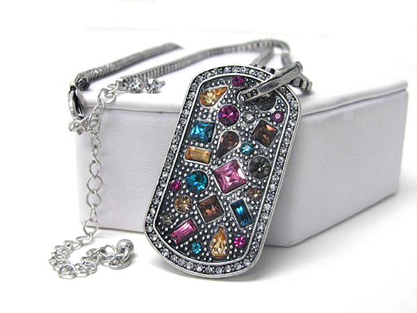 Multi color and shape crystal deco dog tag necklace