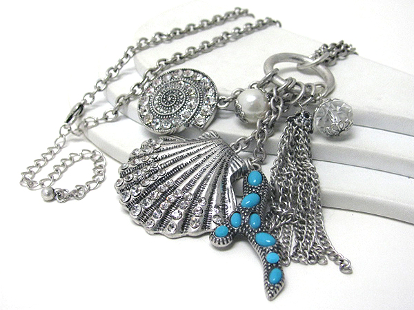 Crystal stud sea life theme charm drop long necklace