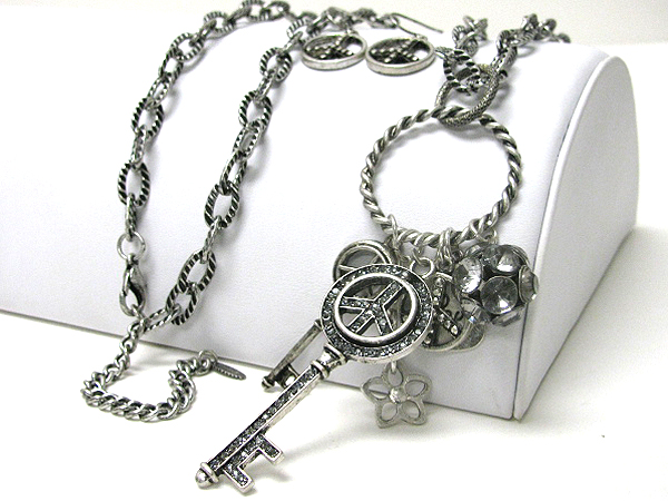 Multi peace theme key charm and crystal ball drop long necklace earring set