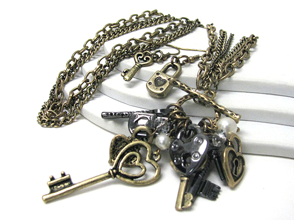 Multi key and lock drop necklace earring set