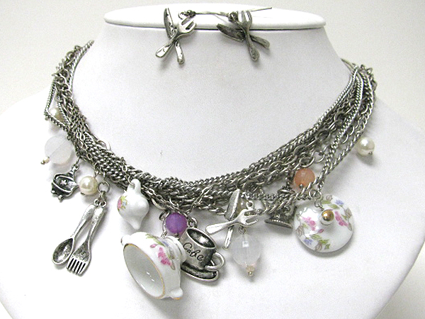 Kitchen theme multi utensil charm and multi chain necklace earring set