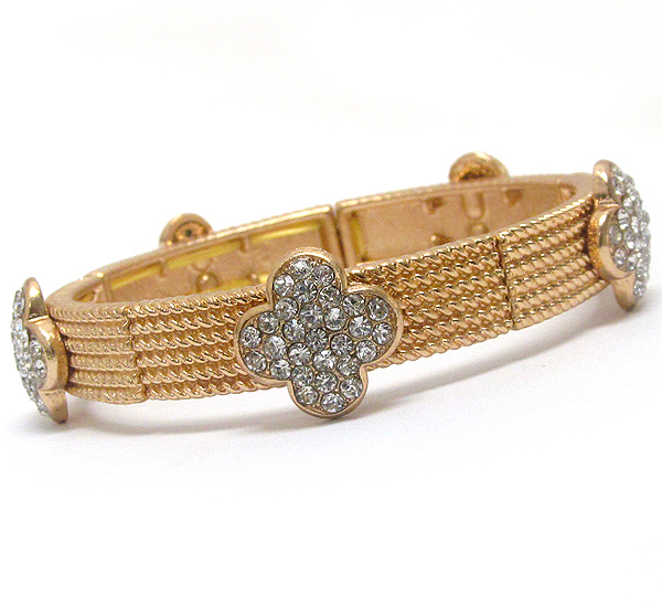 Crystal pave multi flower and textured metal band stretch bracelet