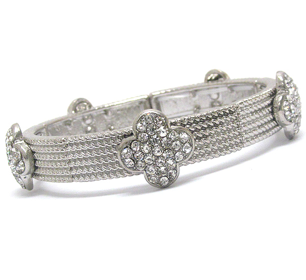 Crystal pave multi flower and textured metal band stretch bracelet