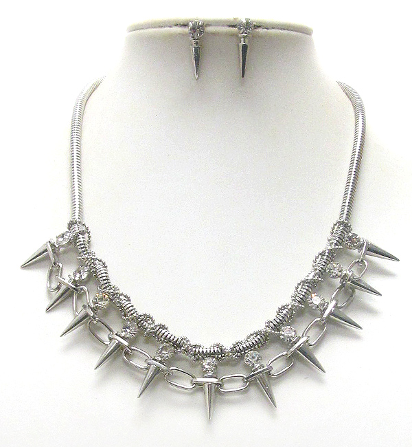 Crystal and multi spike link chain deco and snake chain necklace earring set