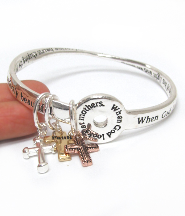 Religious inspiration message cross charm twist bangle bracelet - when god looks at mothers