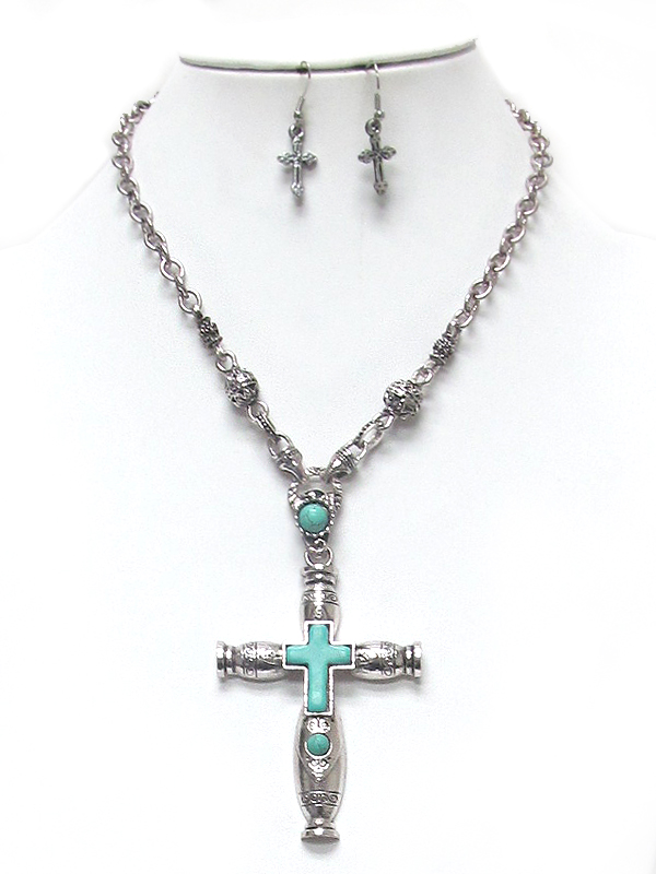 Metal textured cross with turquoise stone necklace set