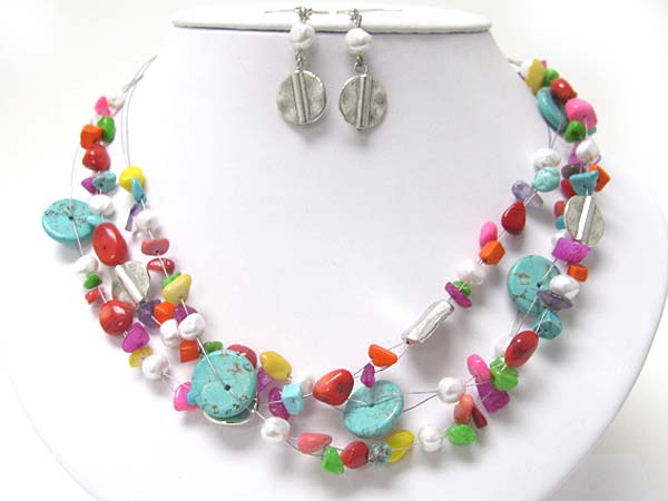 Turquoise and mixed natural chip stone illusion necklace earring set