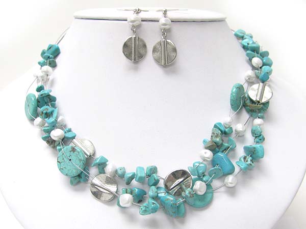 Turquoise and mixed natural chip stone illusion necklace earring set