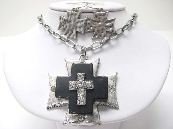 Multi layer crystal stud cross pendant necklace earring set