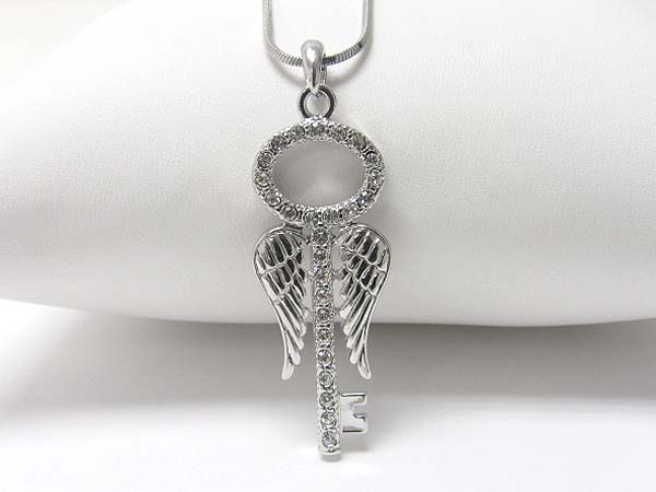 Made in korea whitegold plating crystal stud angel key pendant necklace