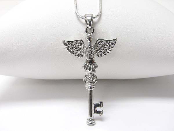 Made in korea whitegold plating crystal stud bird key pendant necklace