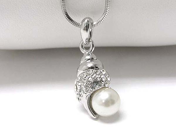 Made in korea whitegold plating crystal stud pearl conch pendant necklace