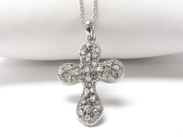 Made in korea whitegold plating crystal stud smooth edge cross pendant necklace