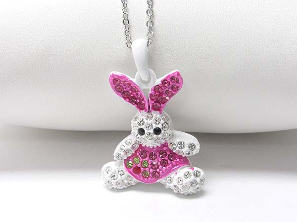 Made in korea whitegold plating crystal stud bunny pendant necklace