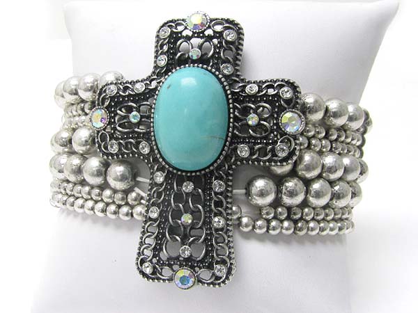 Turquoise and crystal stud cross top metal beads stretch bracelet