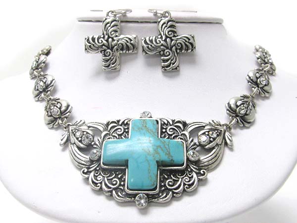 Turquoise and crystal stud cross deco metal link necklace earring set