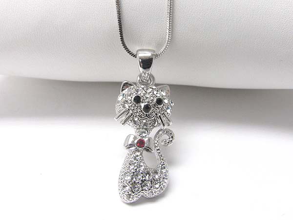 Made in korea whitegold plating crystal stud cat pendant necklace