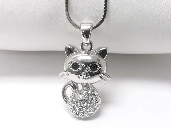 Made in korea whitegold plating crystal stud cat pendant necklace