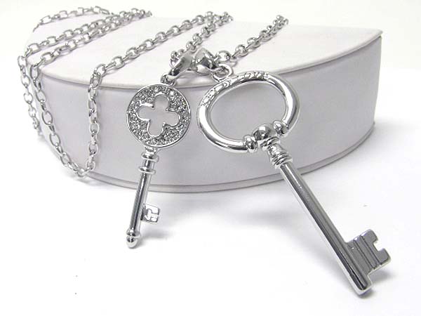 Made in korea whitegold plating crystal stud dual key pendants long necklace