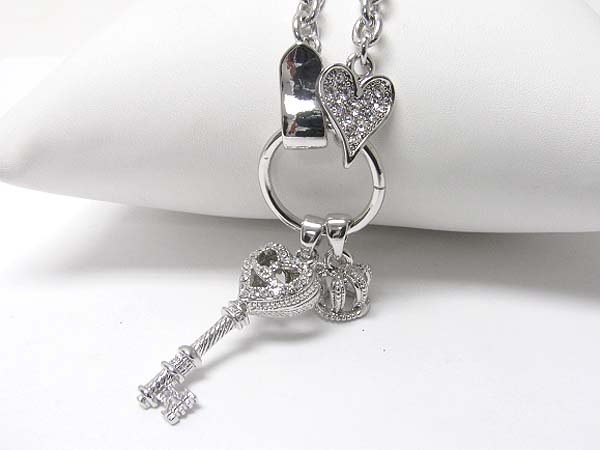 Made in korea whitegold plating crystal stud key and crown dangle necklace