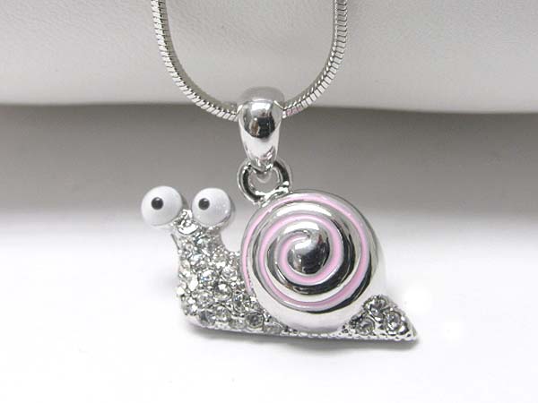 Made in korea whitegold plating crystal and metal epoxy snail pendant necklace