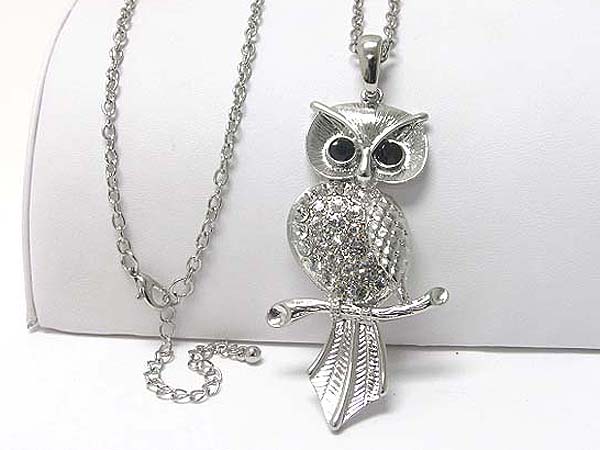 Crystal stud large owl pendant long necklace