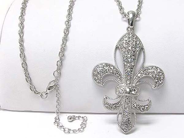 Crystal stud large fleur de lis pendant long necklace