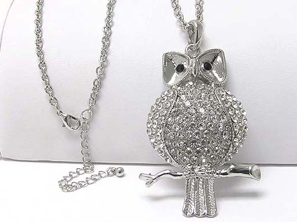 Crystal stud large owl pendant long necklace